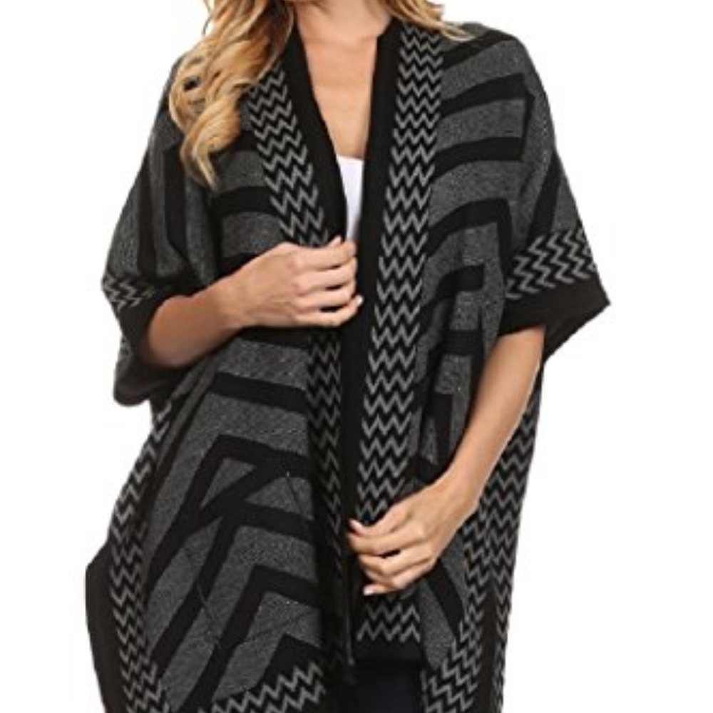 Acrylic Chevron-Print Poncho Cardigan Cape